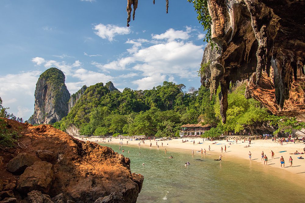 Railays Phranang Beach taken from the cliffs, with part of the rock hanging infront of the scenery