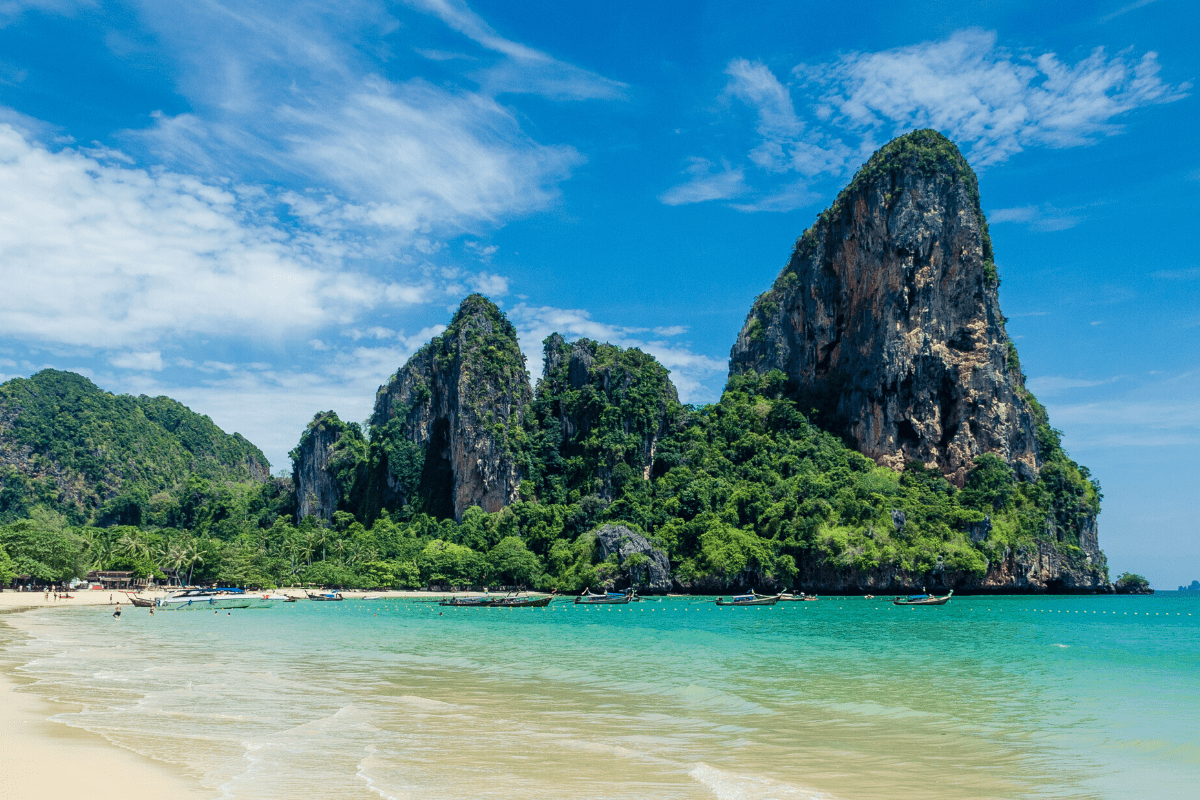 A views of the limestone cliffs dividing Railay's west and Phranang Beach,taken from the west beach