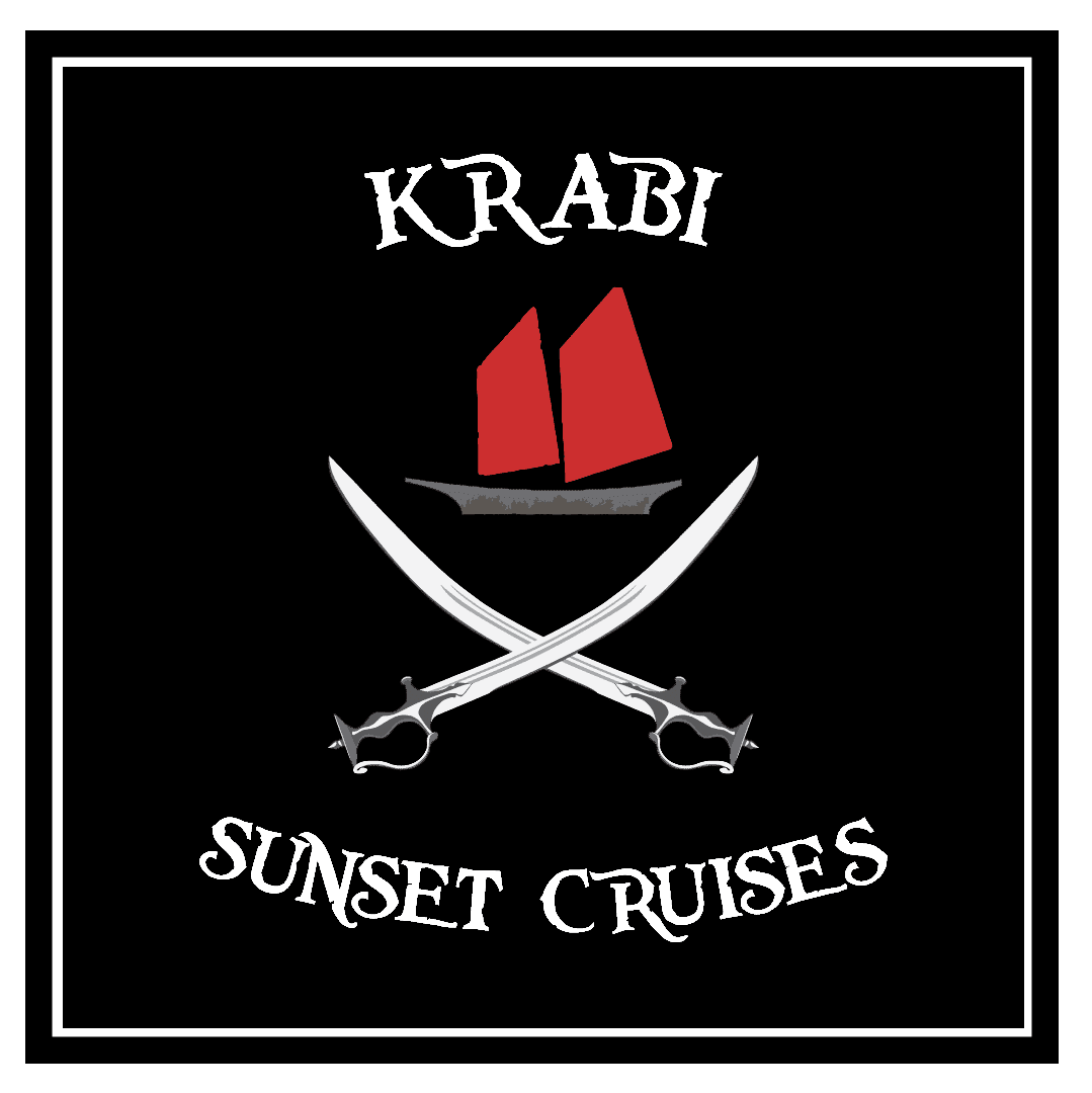 Krabi Sunset Cruises logo: two swords crossing with a boat with red sales above and the words sunset cruises underneath and a black background