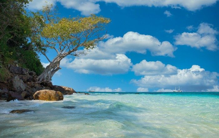 Beach in Thailand with crystal blue shallow waters 