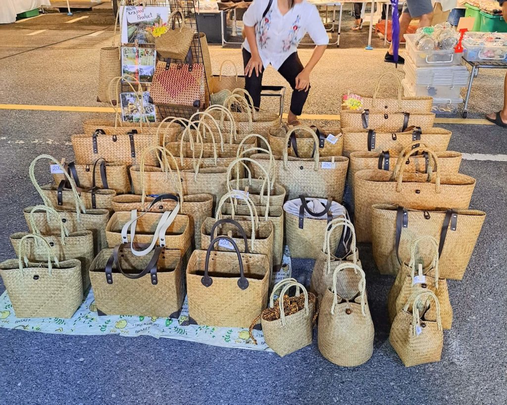 hand woven straw handbags at krabi night market