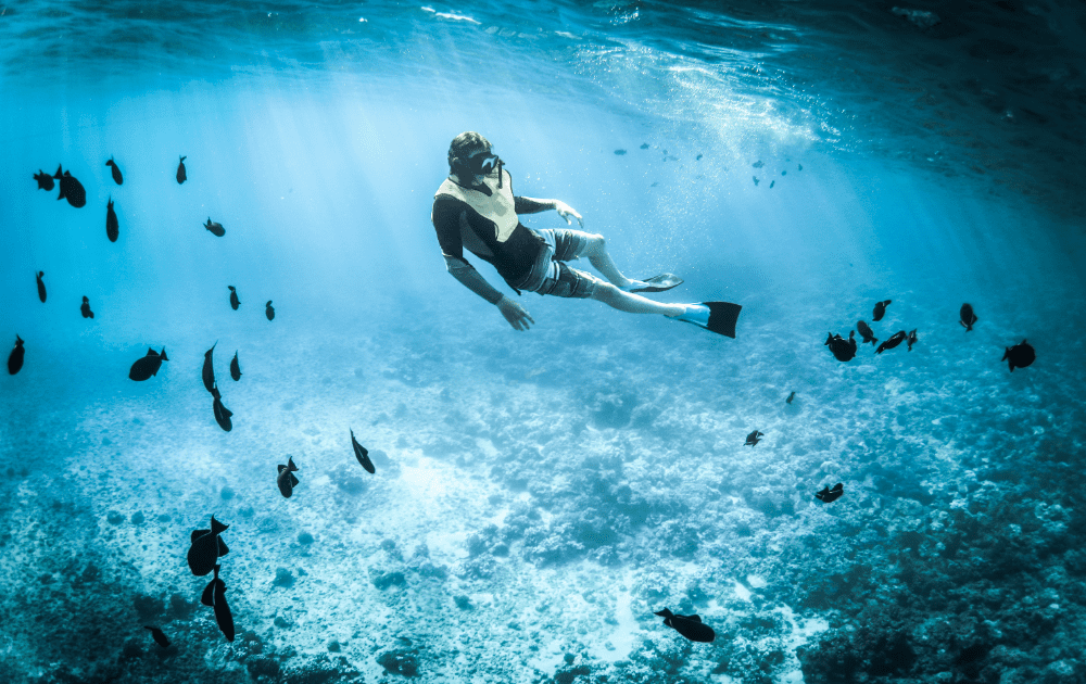 man snorkeling in deep water surrounded by fish