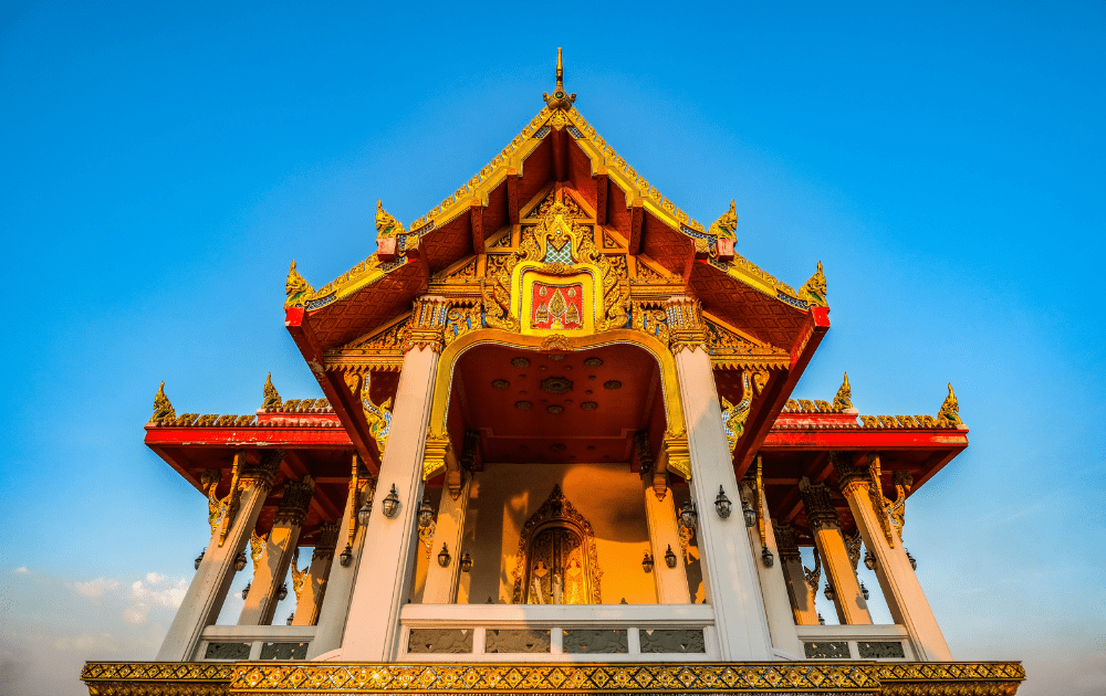 thailand temple, taken from below and looking up at the entrance
